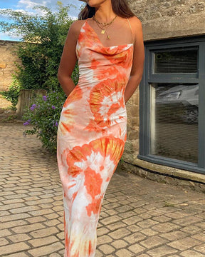 Printed Tie-Dye Backless Strappy Long Dress