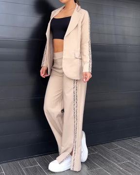 Slit Wide-Leg Pants Sports Style Two-Piece Suit