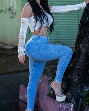 Chained High-Waist Elastic Jeans (Pre-Sale)