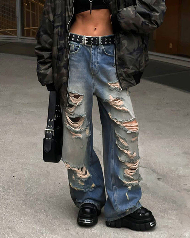Beggar Style Ripped Hole Washed Loose Straight Jeans