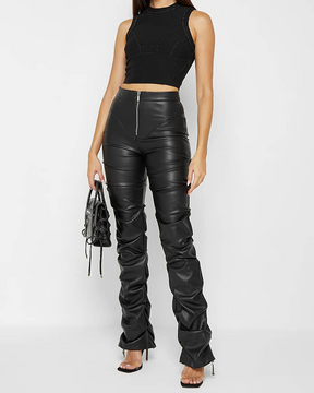 Pleated PU Leather Trousers