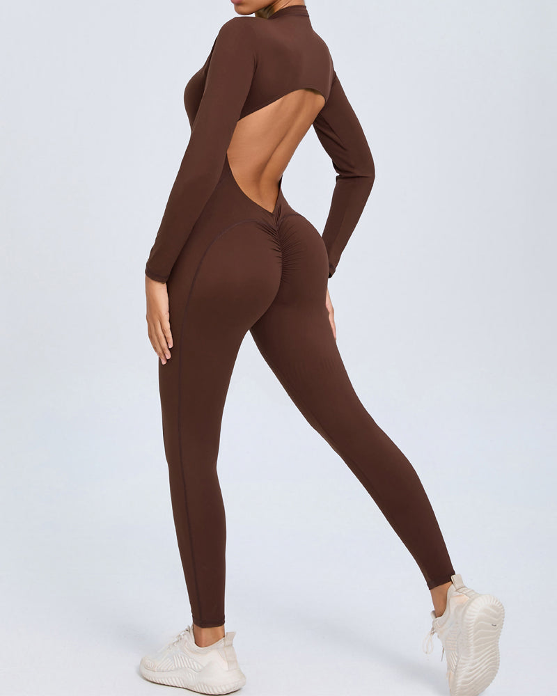 Zippered Long Sleeve Butt Lift Yoga Jumpsuit