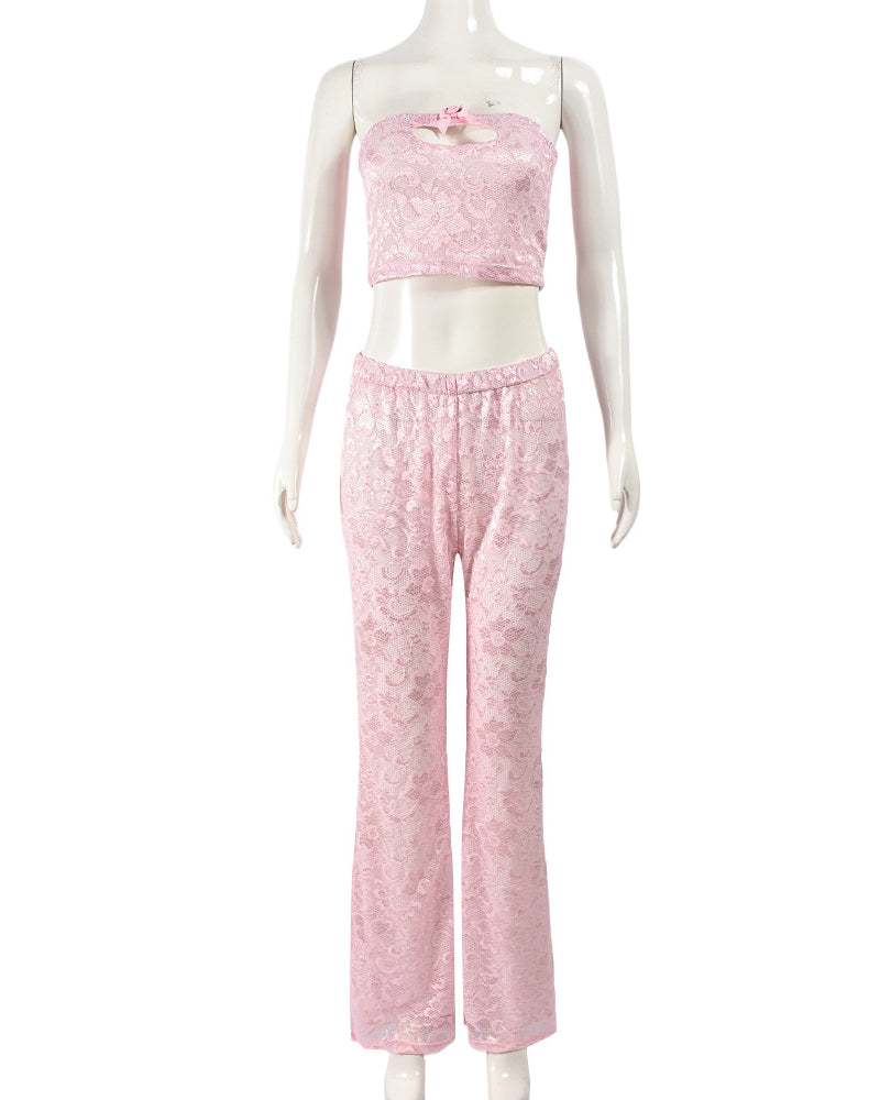 Mesh Lace Hollow Chest Wrap Top and Flared Trousers Set