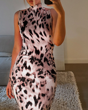 Elegant Slim Leopard Print High-Neck Backless Dress