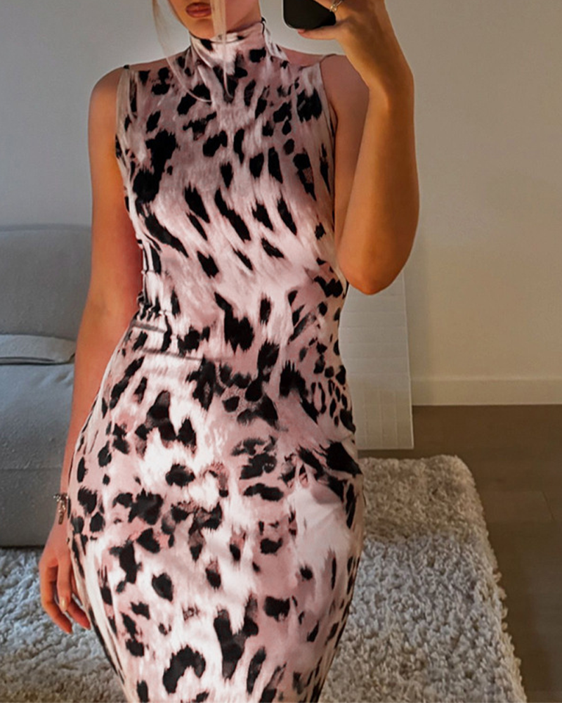 Elegant Slim Leopard Print High-Neck Backless Dress