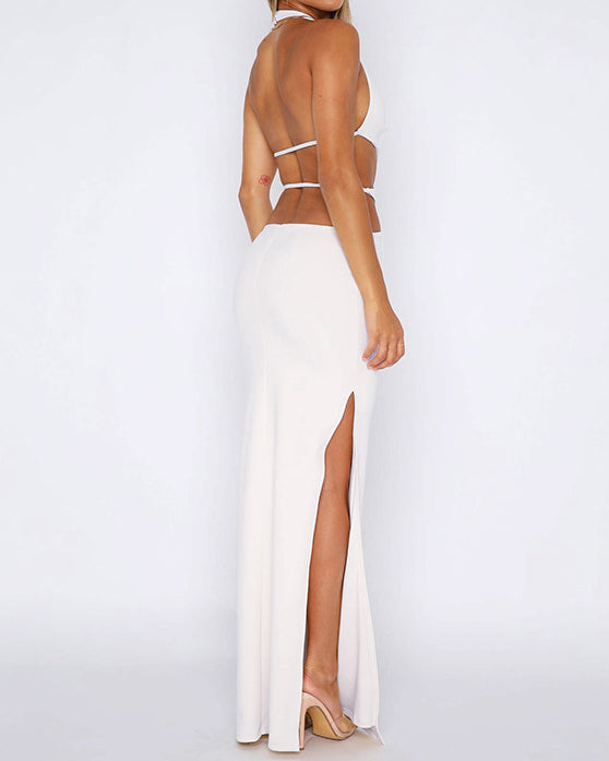 Backless Slit Halter Neck Sleeveless Dress