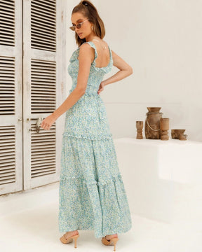 Small Floral Print Fresh and Sweet Breast-Wrap Long Dress