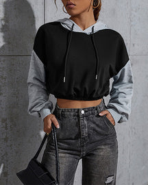 Colorblock Navel-Baring Casual Hooded Sweatshirt