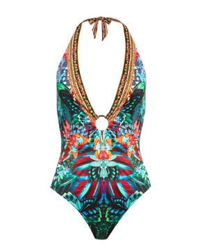 Vintage Butterfly Print Deep V One Piece Swimsuit And Cover up