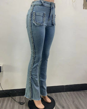 High-Waisted Floor-Length Twist Stretch Denim Flared Pants