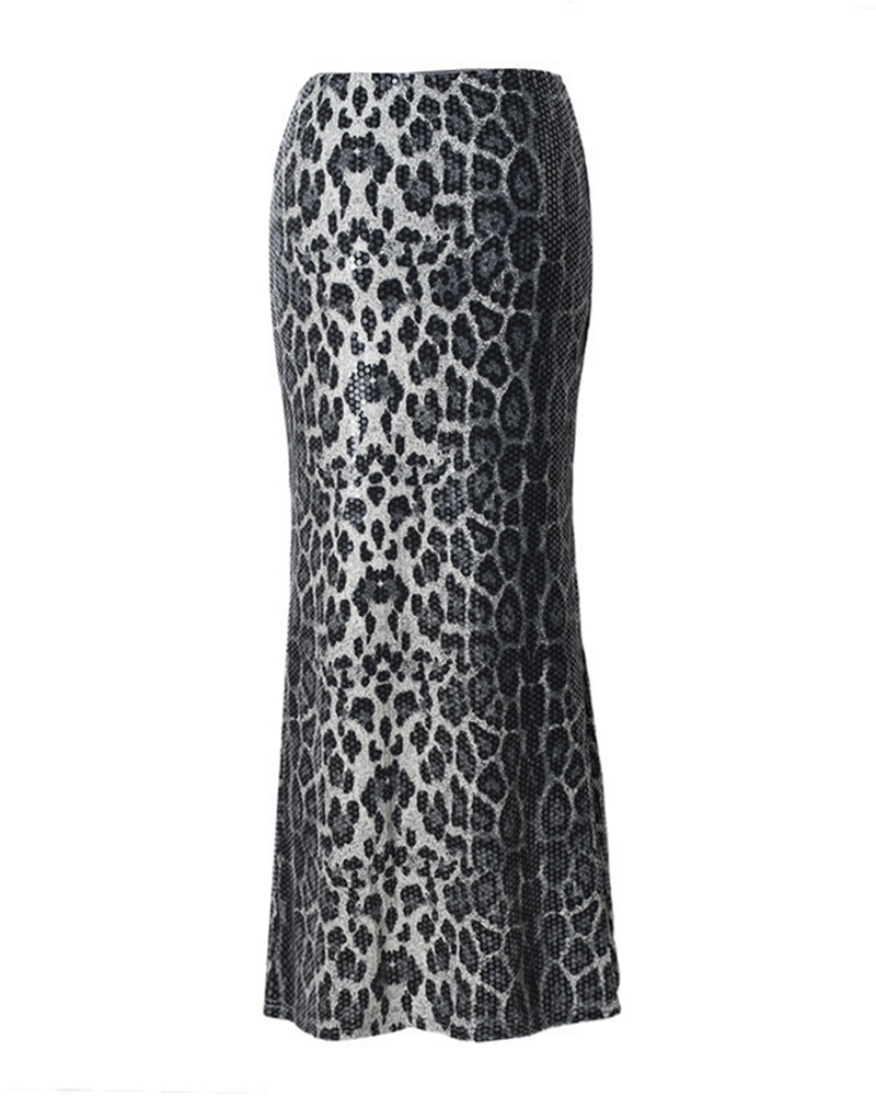 Leopard-Print Sequin Panelled Skirt