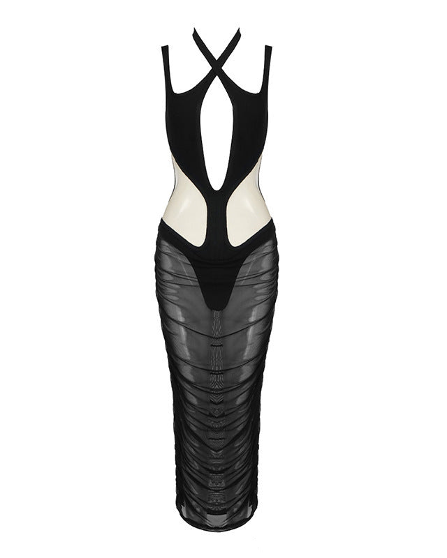 Low-Cut Backless Mesh Hollow Slim-Fitting Bandage Dress