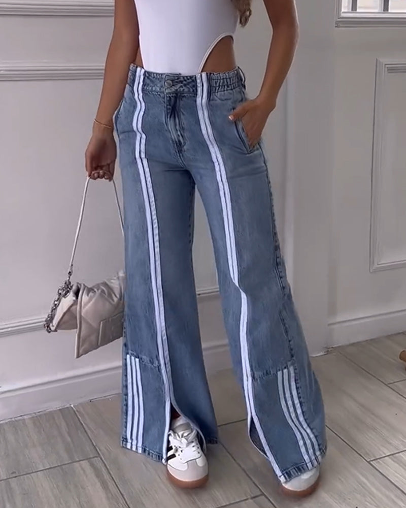 Loose High-Waisted Jeans With Vertical Slits