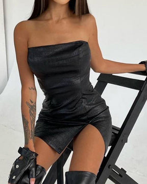 Straight Neck Strapless Slit Leather Dress