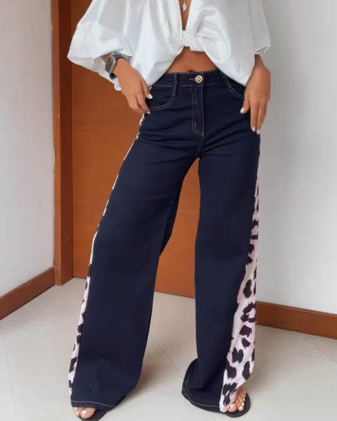 Leopard Print Loose Paneled Flared Jeans (Pre-Sale)