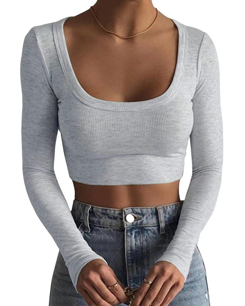 Round Neck Long Sleeve Ribbed Short Slim Fit T-Shirt