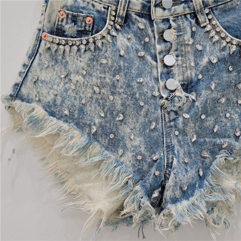 3/4-Jeansshorts mit Strass-Perlen und Fransen