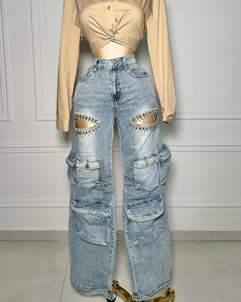 Fashion Workwear Style Hollow Jeans