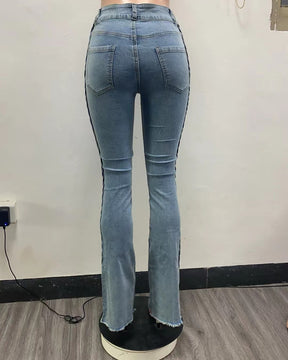 High-Waisted Floor-Length Twist Stretch Denim Flared Pants