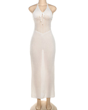 Halterneck Sexy Low-Cut Backless Knitted Hollow See-Through Dress