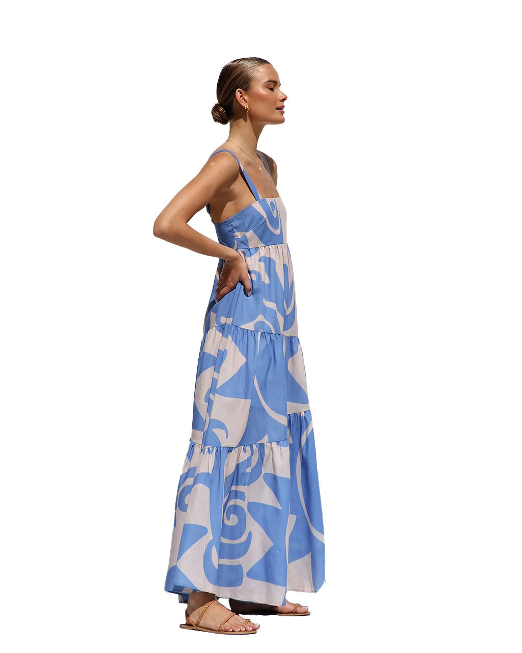 Simple Printed Suspender Maxi Dress with Large Skirt