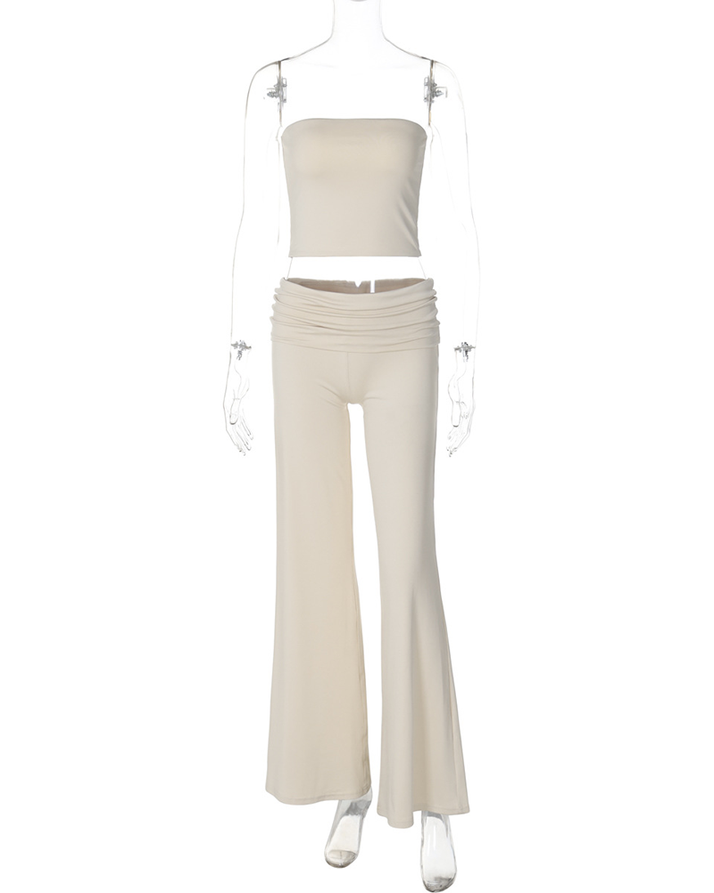 Pure Color Accent Bell-Bottoms Slimming Suit