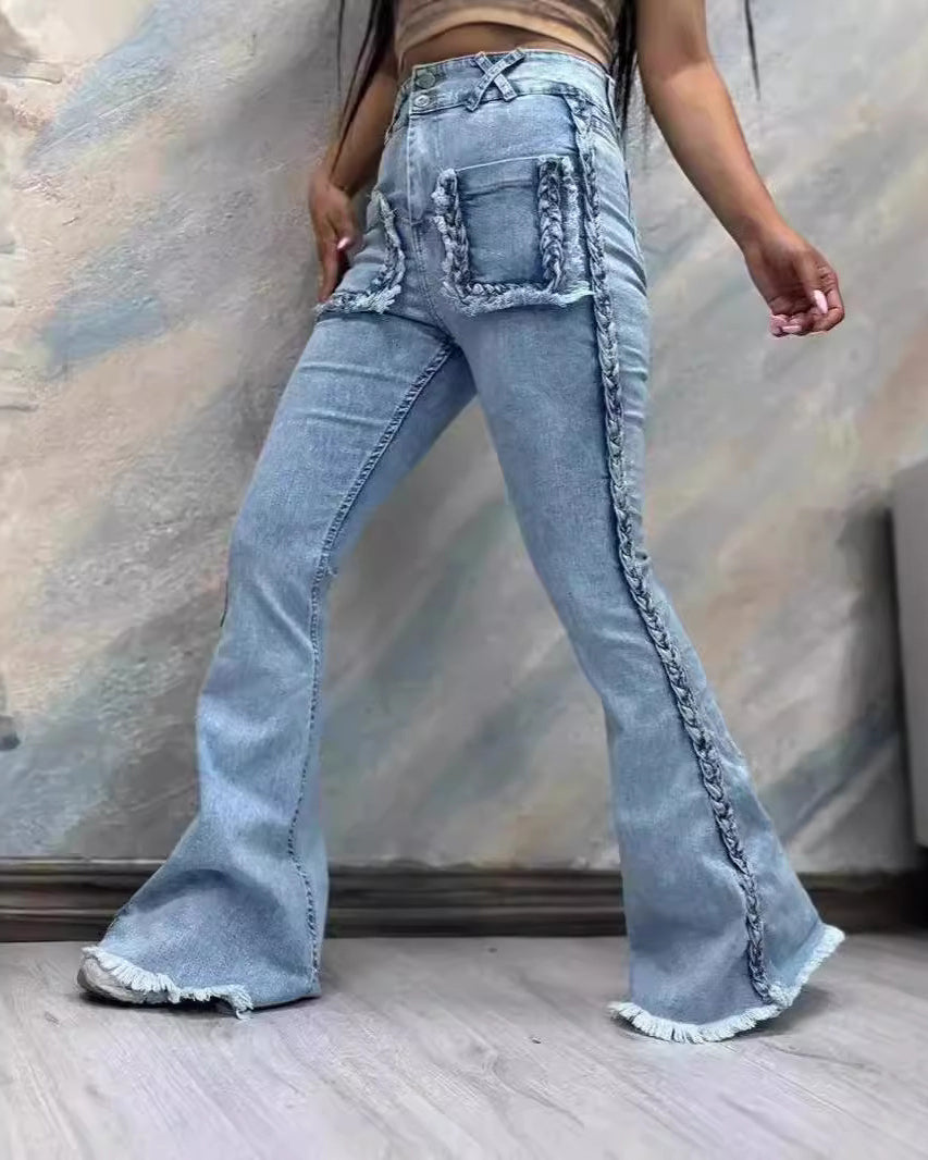 High-Waisted Floor-Length Twist Stretch Denim Flared Pants