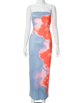 Contrast Color Printed Strapless Slit Slim Long Dress