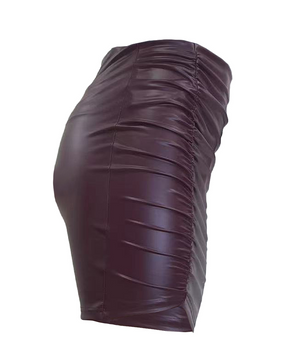 Pleated PU Leather Bag Hip Tight Stretch Skirt