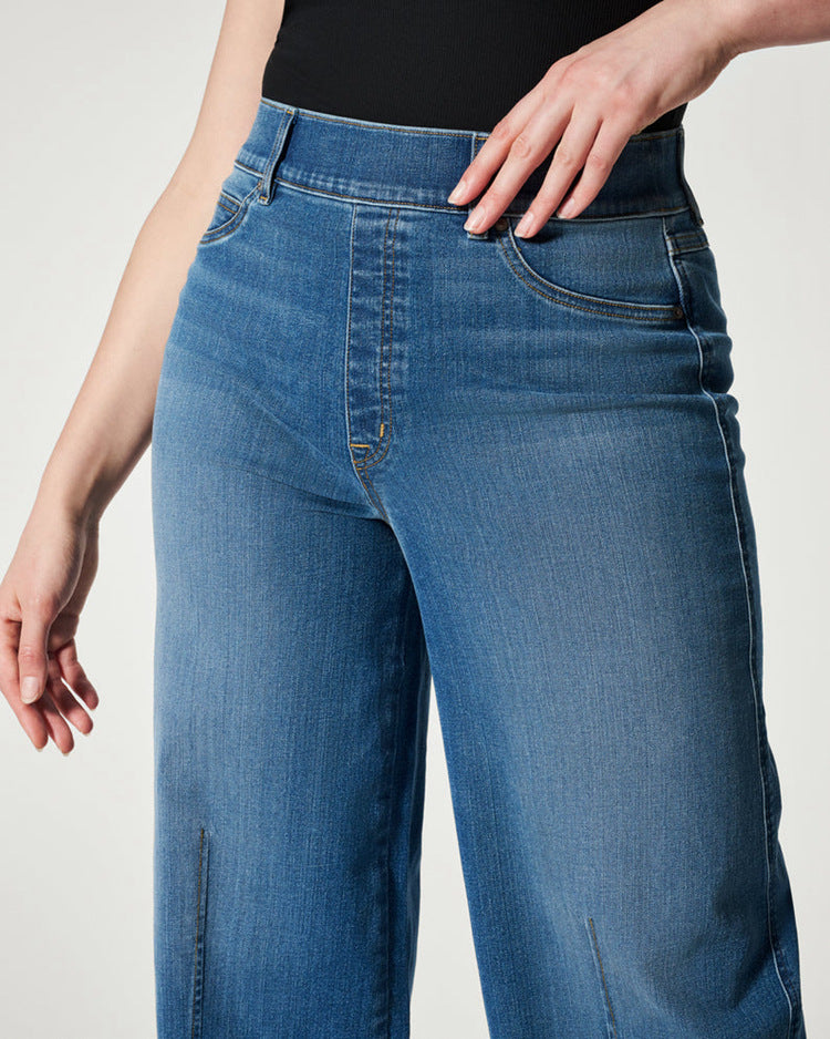 Jeans mit weitem Bein und hoher Stretch-Gummibund in verwaschener Optik