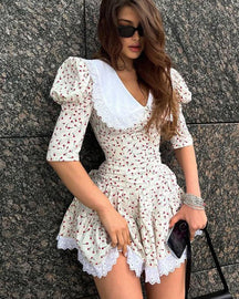 Baby Doll Neck Short Sleeve Floral Waist Mini Dress