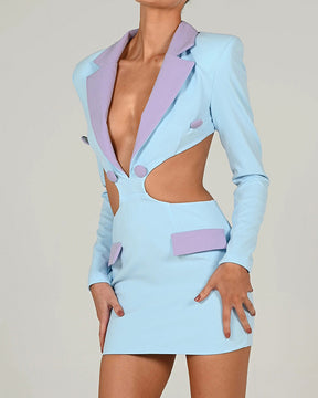 Colorblock Lapel Backless Blazer Dress