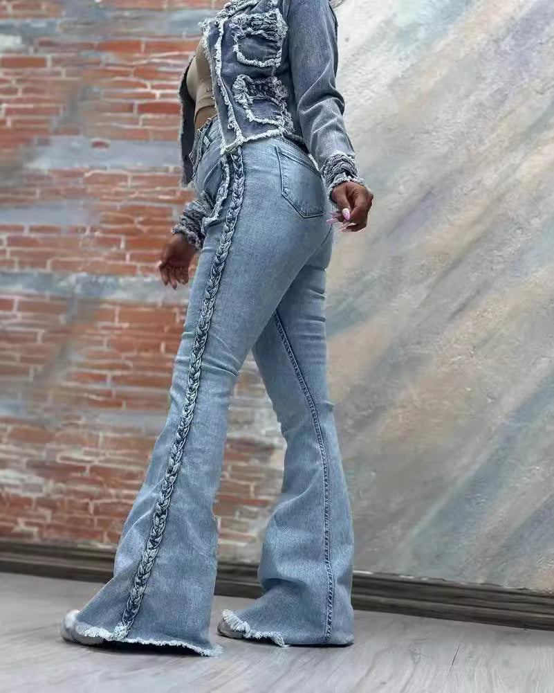 High-Waisted Floor-Length Twist Stretch Denim Flared Pants