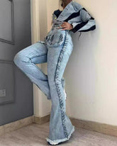 High-Waisted Floor-Length Twist Stretch Denim Flared Pants