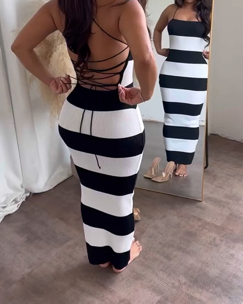 Striped Sexy Backpack Hip Jumpsuit Bodycon Dress (Pre-Sale)