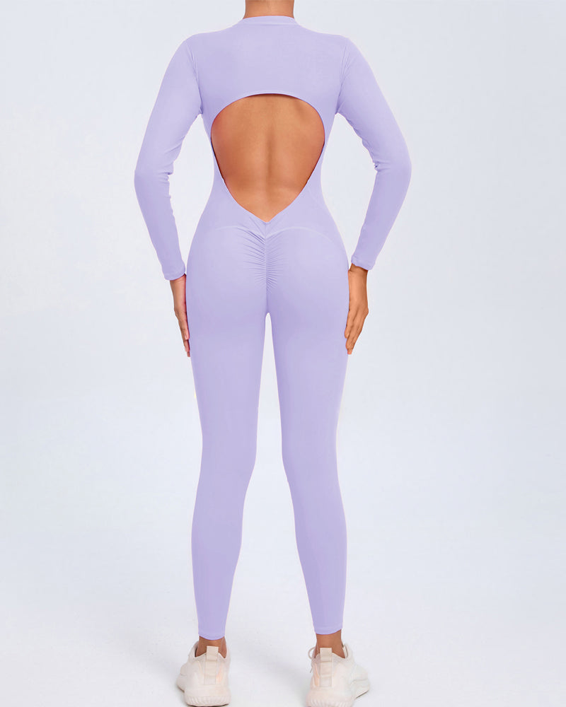 Zippered Long Sleeve Butt Lift Yoga Jumpsuit