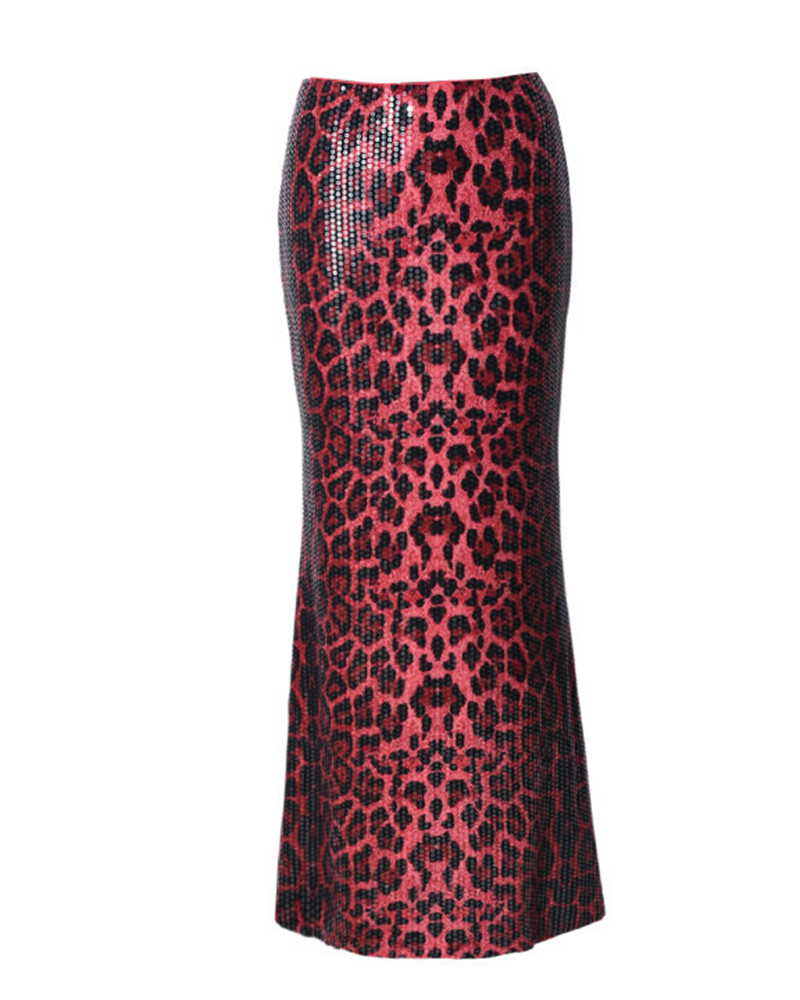 Leopard-Print Sequin Panelled Skirt