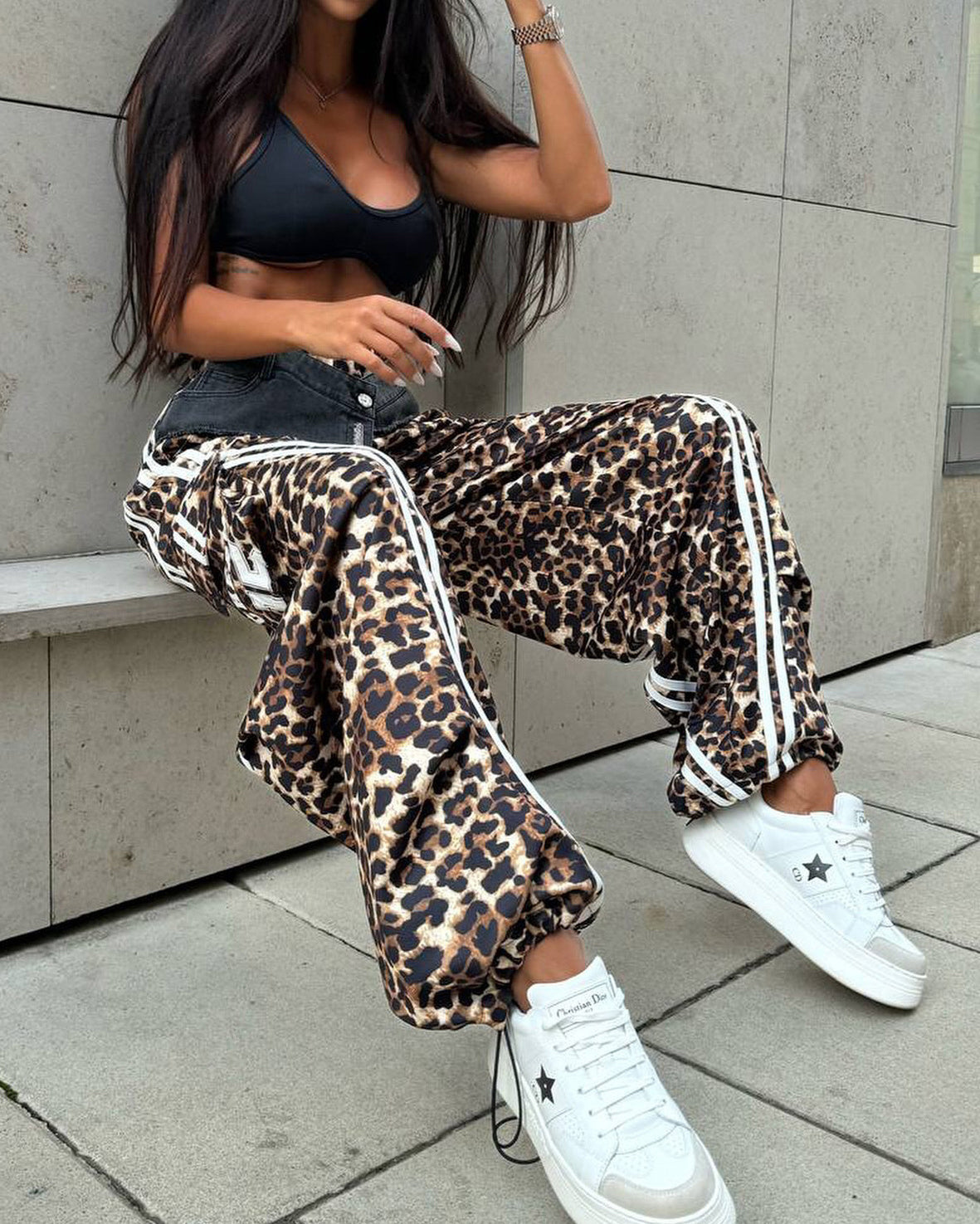 Spliced Leopard Print Casual Wide-Leg Pants