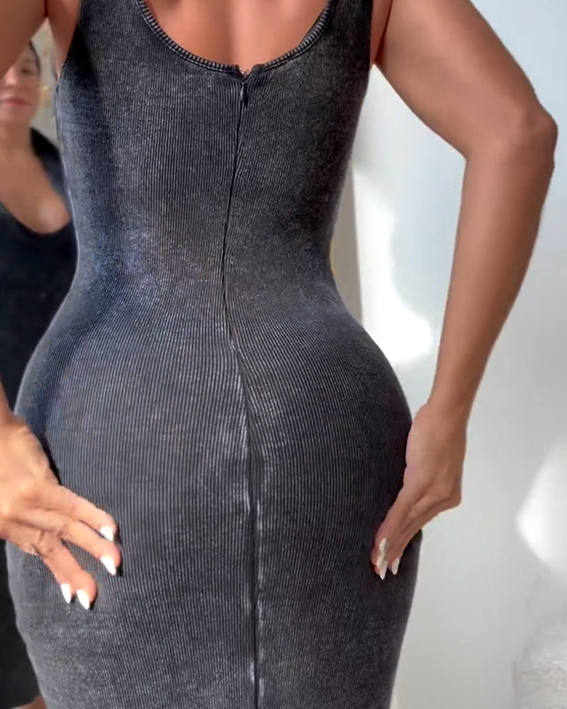 Ribbed Washed Zipper Bodycon Dress (Pre-sale)