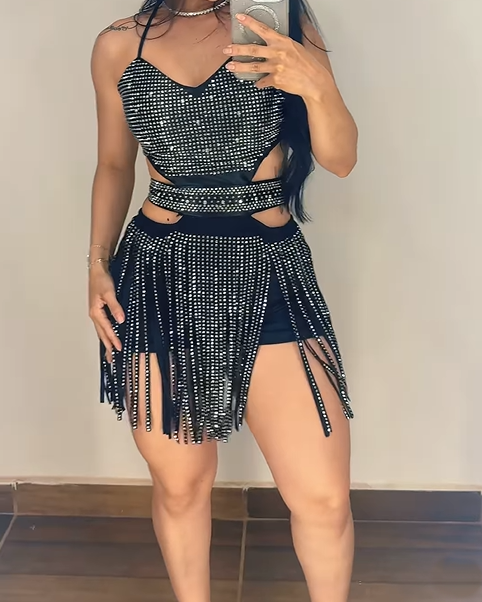 Sparkling Fringed Rhinestone Cutout Waist Mini Dress (Pre-sale)