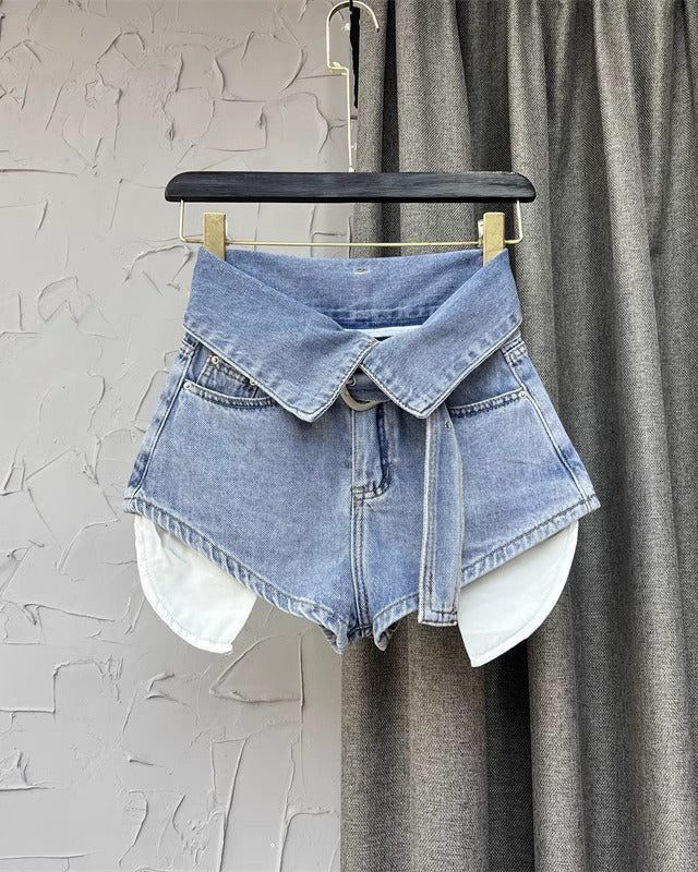Cuffed Wide-Leg A-Line Denim Shorts With Exposed Pockets