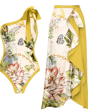 One Shoulder Floral Print One Piece Swimsuit and Skirt