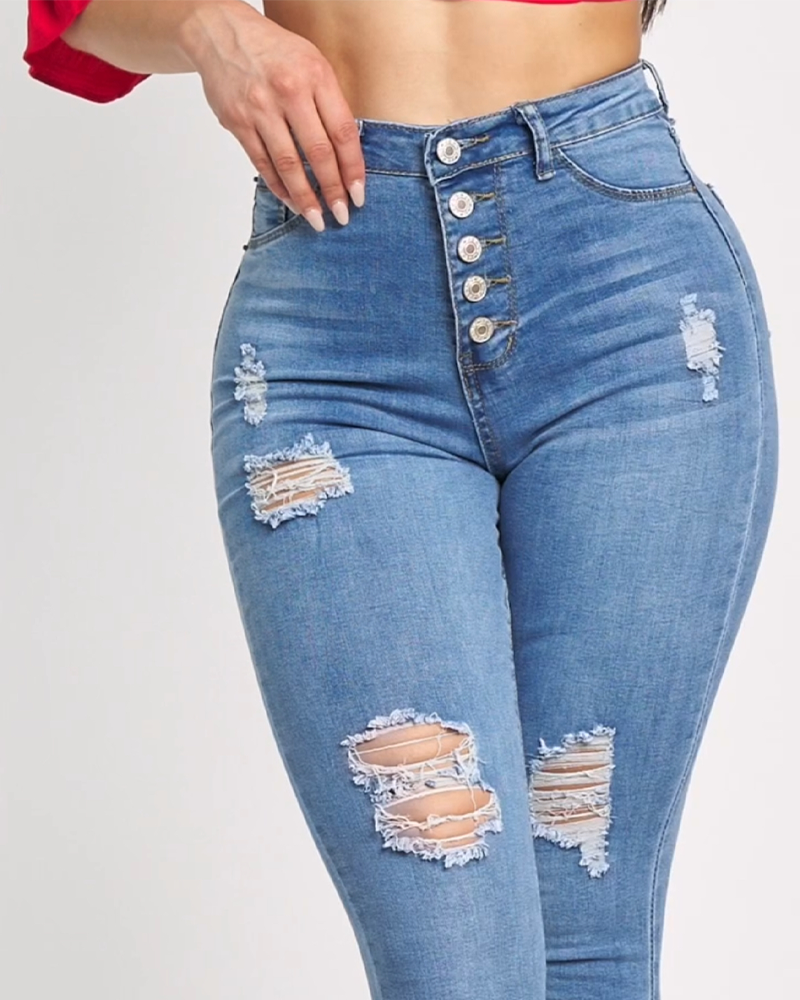 High Waisted Buckle Elastic Slim Fit Jeans  (Pre-Sale)