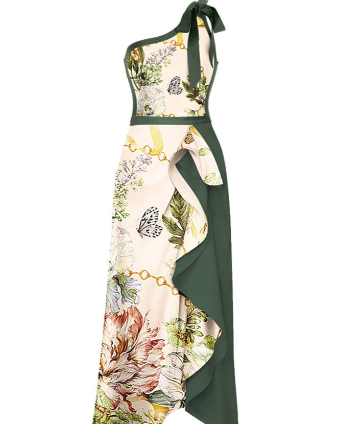 Einteiliger Badeanzug mit One-Shoulder-Blumenprint und Rock