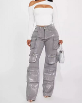 Silver Pressed Multi-Pocket High-Waist Jeans