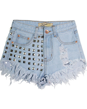 Shorts aus Denim mit hoher Taille und unregelmäßigen Whisker-Details