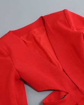 Lässiges Blazer-Set mit V-Ausschnitt, langen Ärmeln, ausgehöhlter Taille