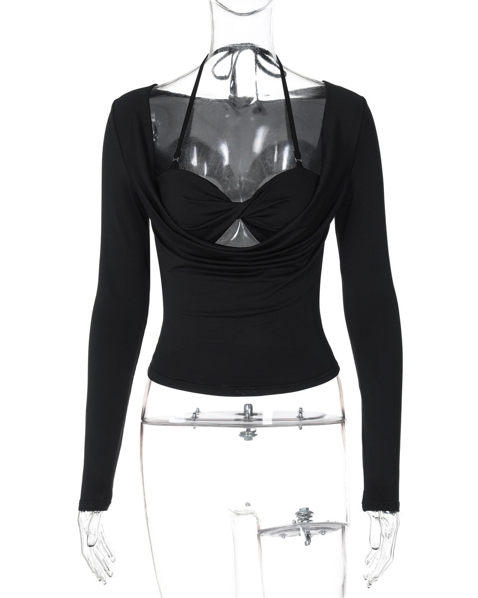 Halterneck Midriff-Baring Long-Sleeved Top