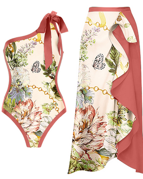 One Shoulder Floral Print One Piece Swimsuit and Skirt