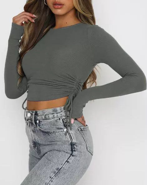 Drawstring Crew Neck Long Sleeve Cropped Top